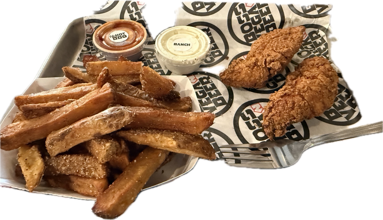 Boss ChickN Beer gluten-free chicken tenders, fries, hot BBQ, and ranch