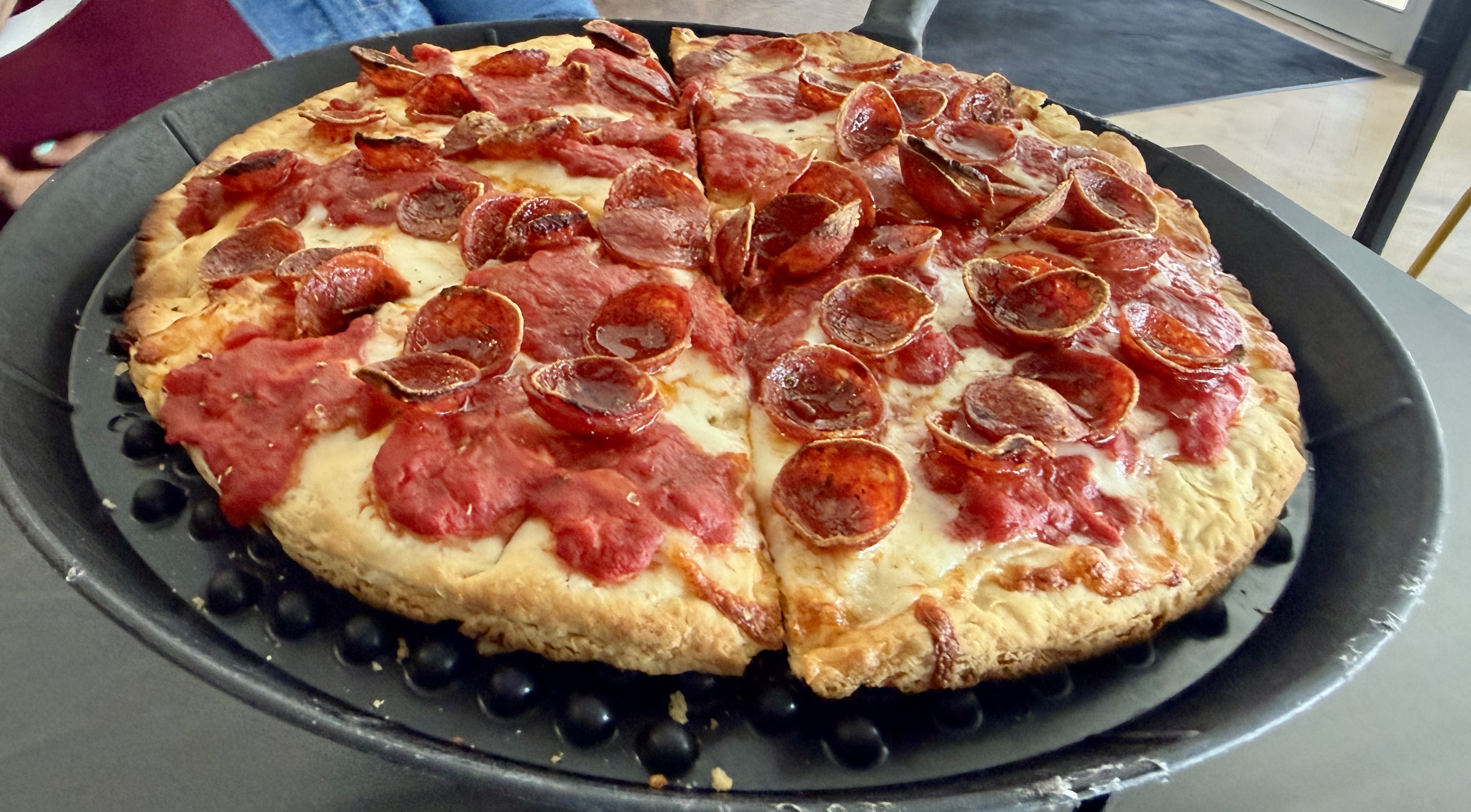 Boom's Pizza OG Pep gluten-free pizza — cup-and-char pepperoni on a crispy GF crust